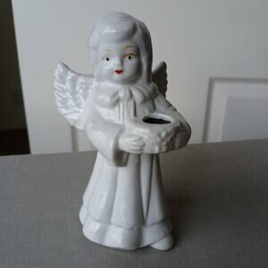Vintage Ceramic Angel Taper Candle Holder 6" white with gold accents Christmas